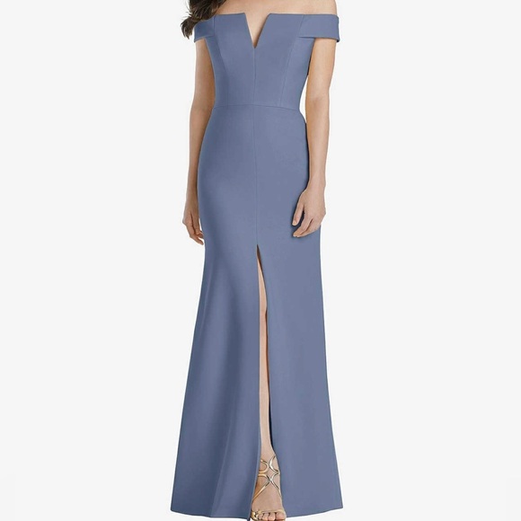 Dessy Collection OFF-THE-SHOULDER NOTCH TRUMPET GOWN WITH FRONT SLIT IN LARKSPUR - Picture 1 of 12